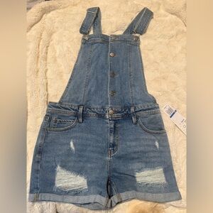Tinseltown Distressed Blue Denim Overall Shorts